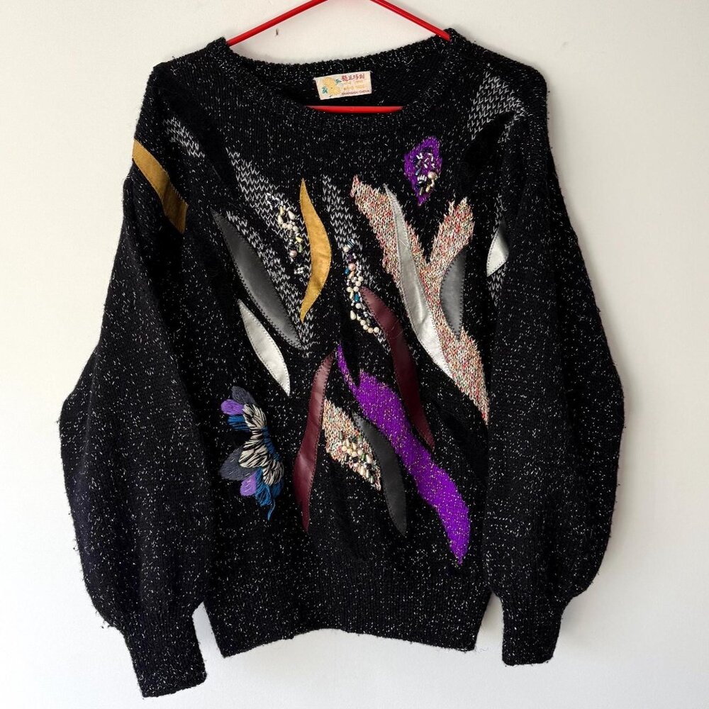 80s vintage black glitter embellished crazy leather patchwork hand knit sweater